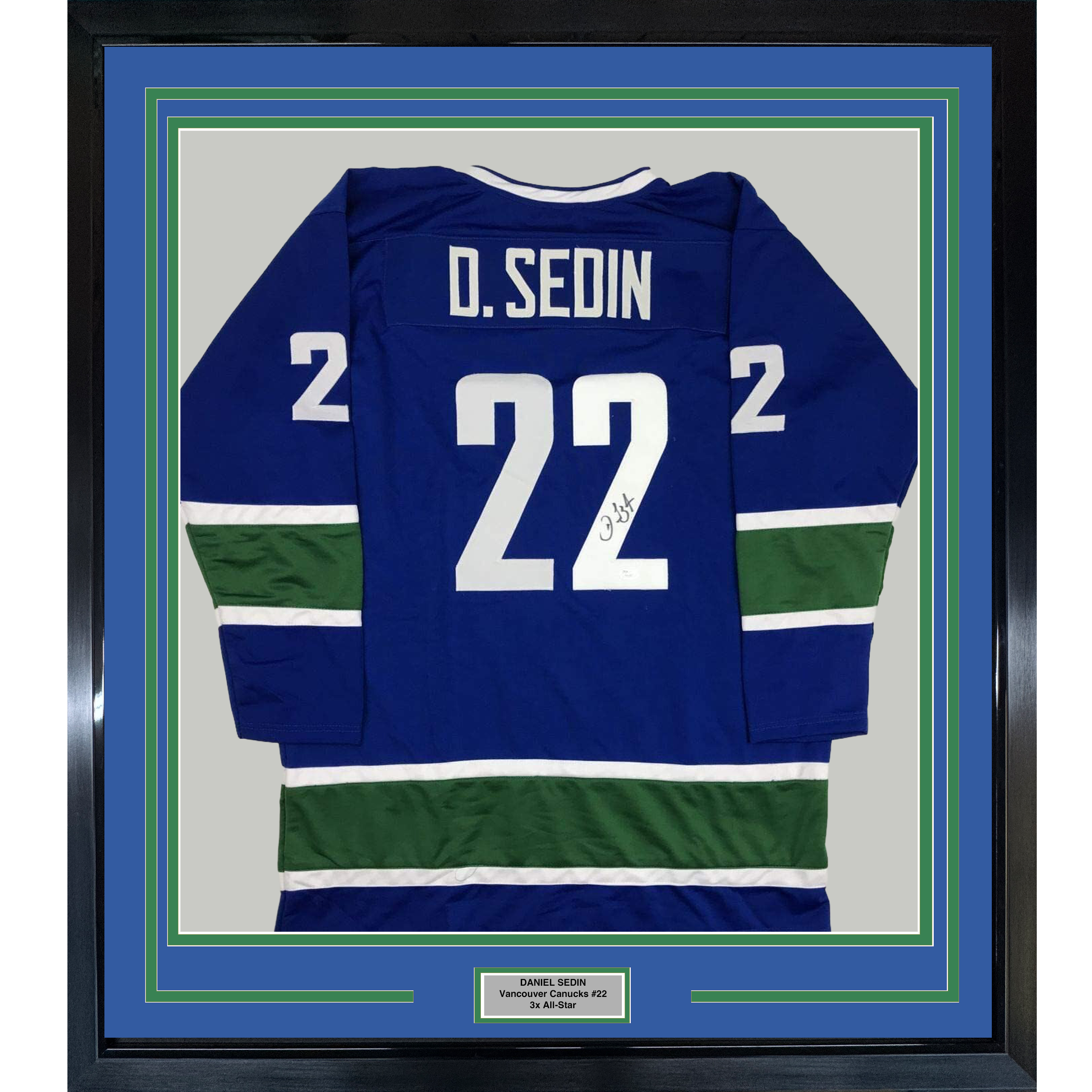 Framed Autographed/Signed Daniel Sedin 35x39 Vancouver Blue Hockey Jersey JSA COA Holo Only