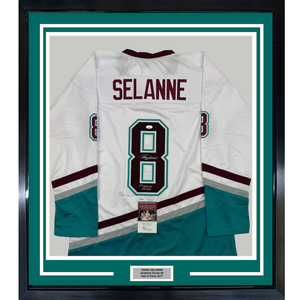 Framed Autographed/Signed Teemu Selanne Finnish Flash 35x39 Anaheim White Retro Hockey Jersey JSA COA