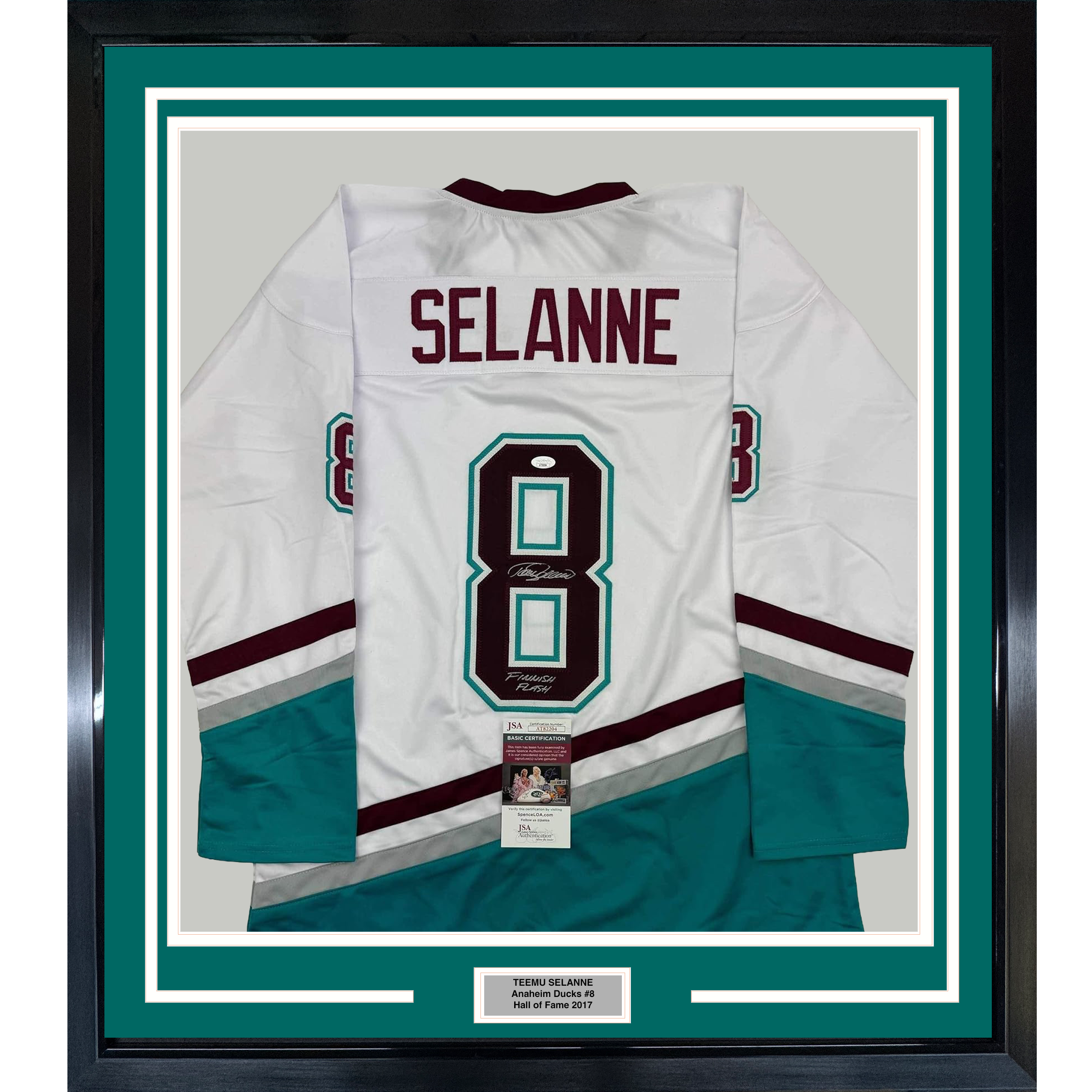 Framed Autographed/Signed Teemu Selanne Finnish Flash 35x39 Anaheim White Retro Hockey Jersey JSA COA