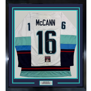 Framed Autographed/Signed Jared McCann 35x39 Seattle White Hockey Jersey JSA COA