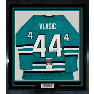 Framed Autographed/Signed Marc-Edouard Vlasic 35x39 San Jose Teal Hockey Jersey JSA COA