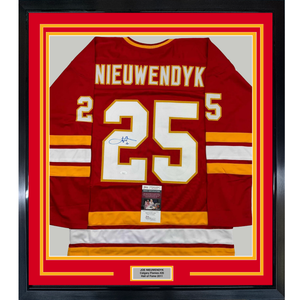 Framed Autographed/Signed Joe Nieuwendyk 35x39 Calgary Red Hockey Jersey JSA COA