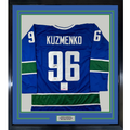 Framed Autographed/Signed Andrei Kuzmenko 35x39 Vancouver Blue Hockey Jersey PSA/DNA COA