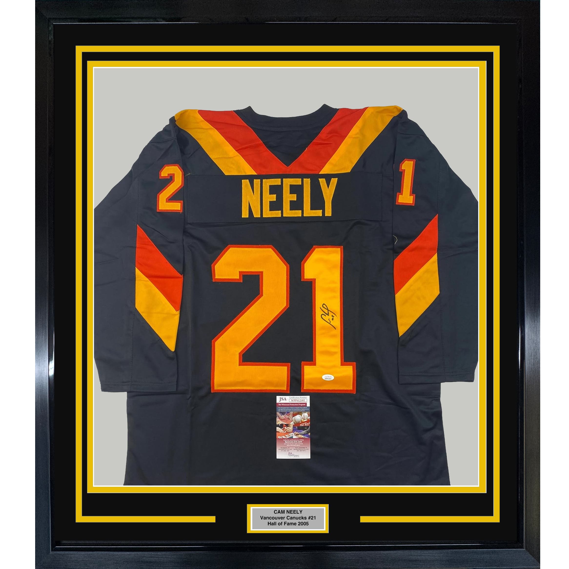 Framed Autographed/Signed Cam Neely 35x39 Vancouver Black Hockey Jersey JSA COA