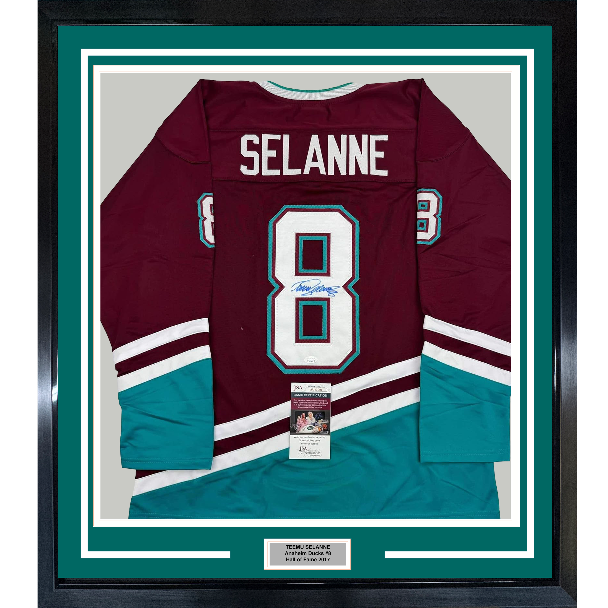 Framed Autographed/Signed Teemu Selanne 35x39 Anaheim Maroon Retro Hockey Jersey JSA COA