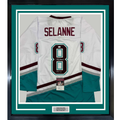 Framed Autographed/Signed Teemu Selanne HOF 35x39 Anaheim White Retro Hockey Jersey JSA COA