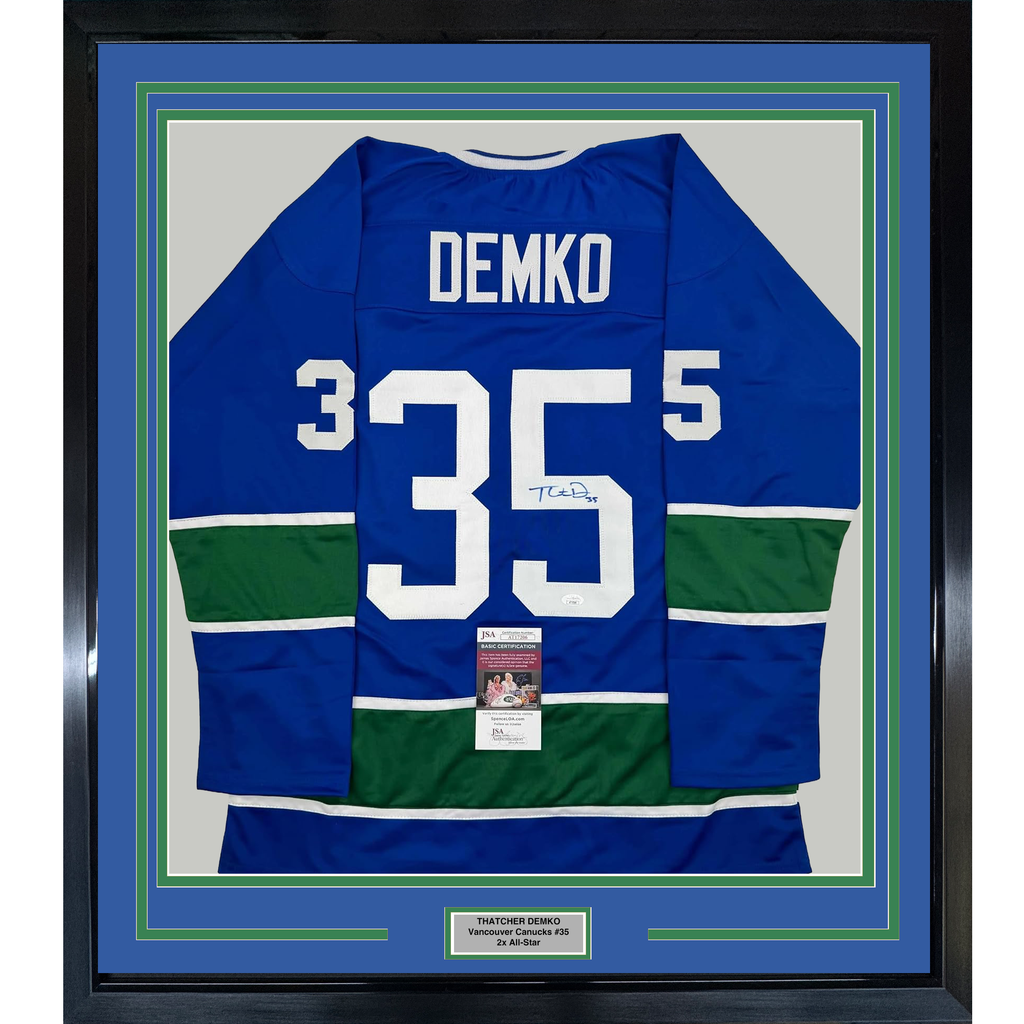 Framed Autographed/Signed Thatcher Demko 35x39 Vancouver Blue Hockey Jersey JSA COA