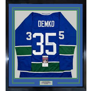 Framed Autographed/Signed Thatcher Demko 35x39 Vancouver Blue Hockey Jersey JSA COA