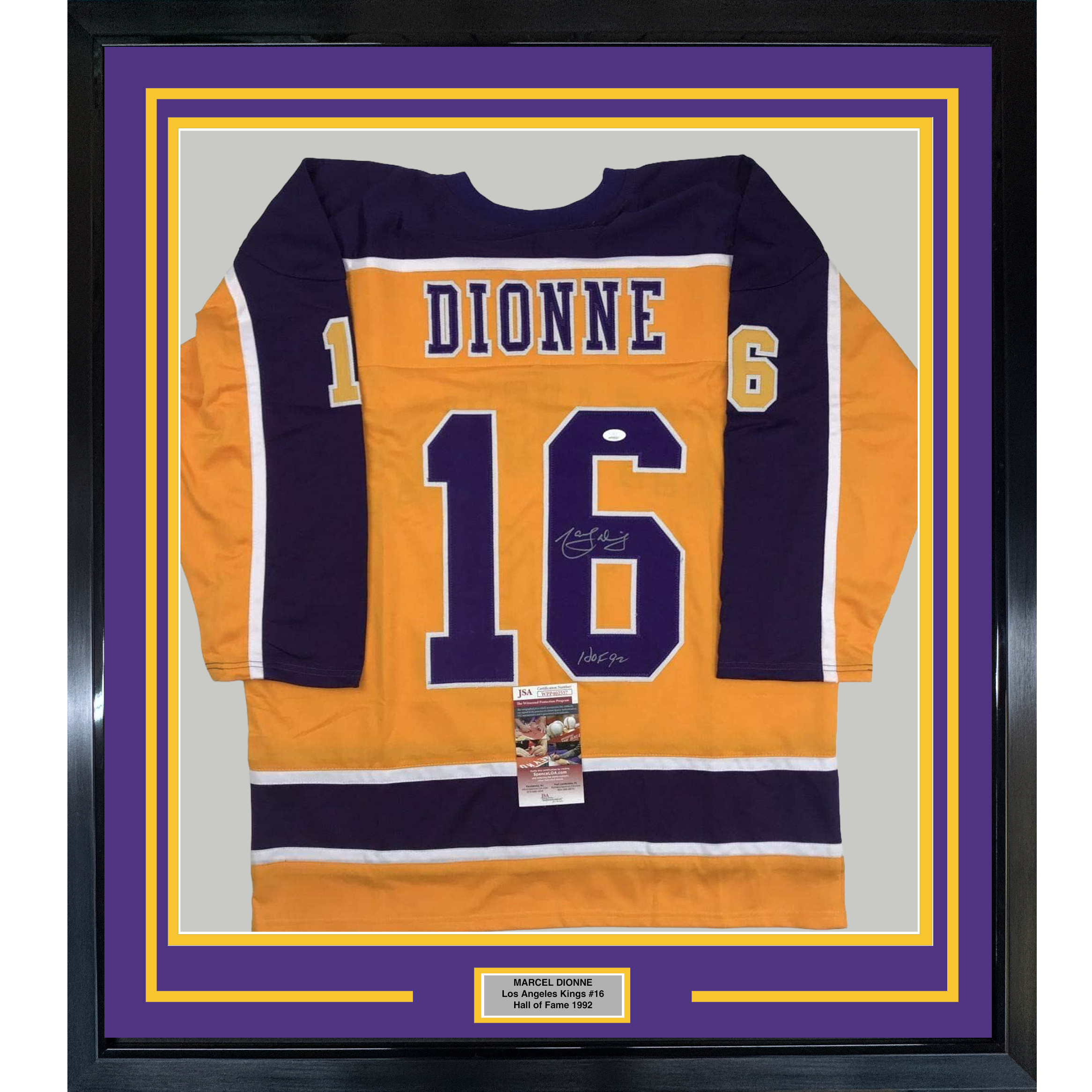 Framed Autographed/Signed Marcel Dionne HOF 92  35x39 Los Angeles LA Yellow Hockey Jersey JSA COA