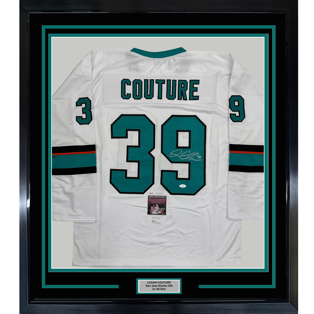 Framed Autographed/Signed Logan Couture 35x39 San Jose White Hockey Jersey JSA COA