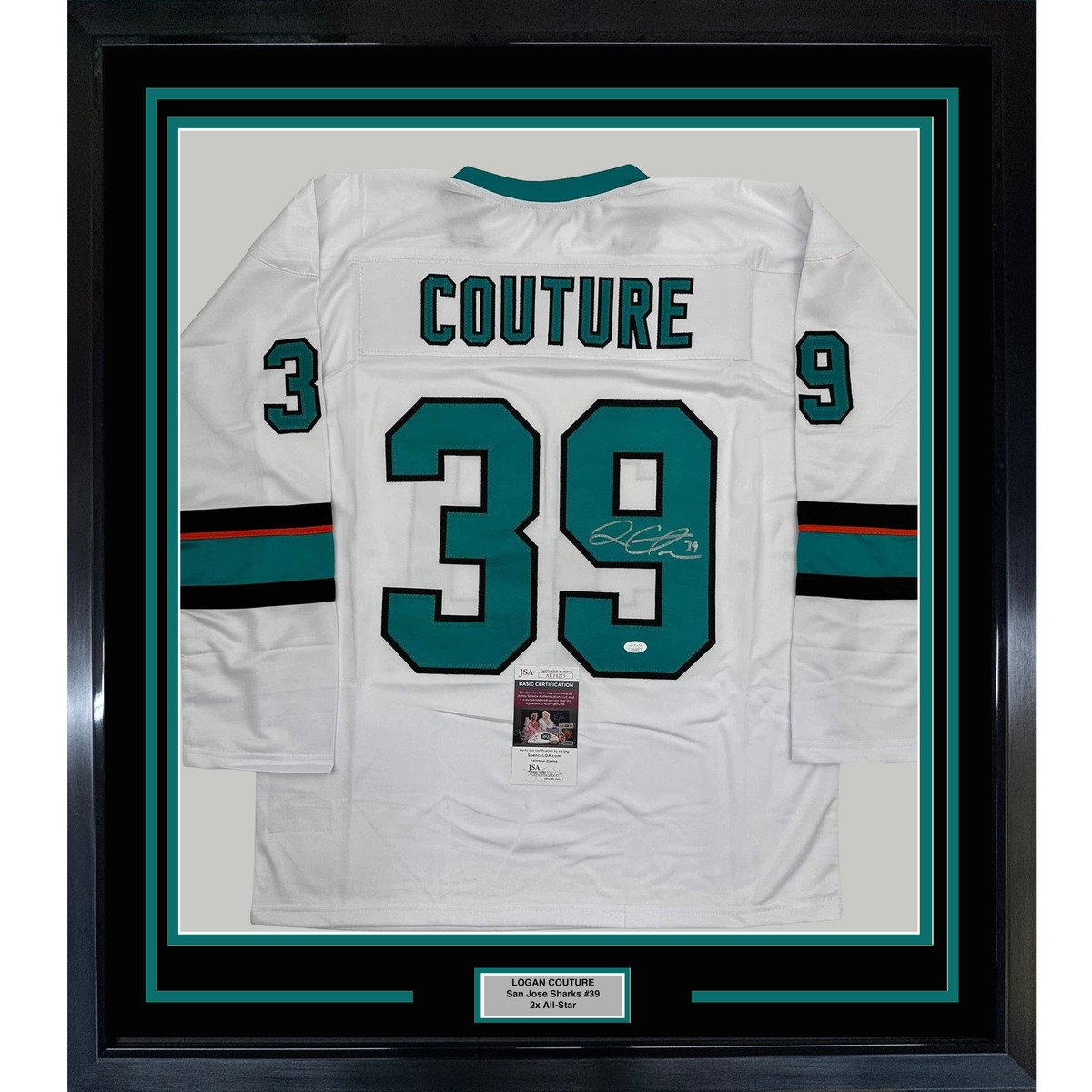 Framed Autographed/Signed Logan Couture 35x39 San Jose White Hockey Jersey JSA COA