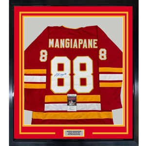 Framed Autographed/Signed Andrew Mangiapane 35x39 Calgary Red Hockey Jersey JSA COA