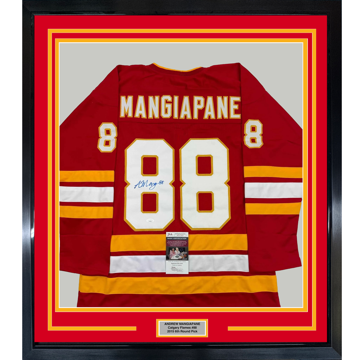 Framed Autographed/Signed Andrew Mangiapane 35x39 Calgary Red Hockey Jersey JSA COA