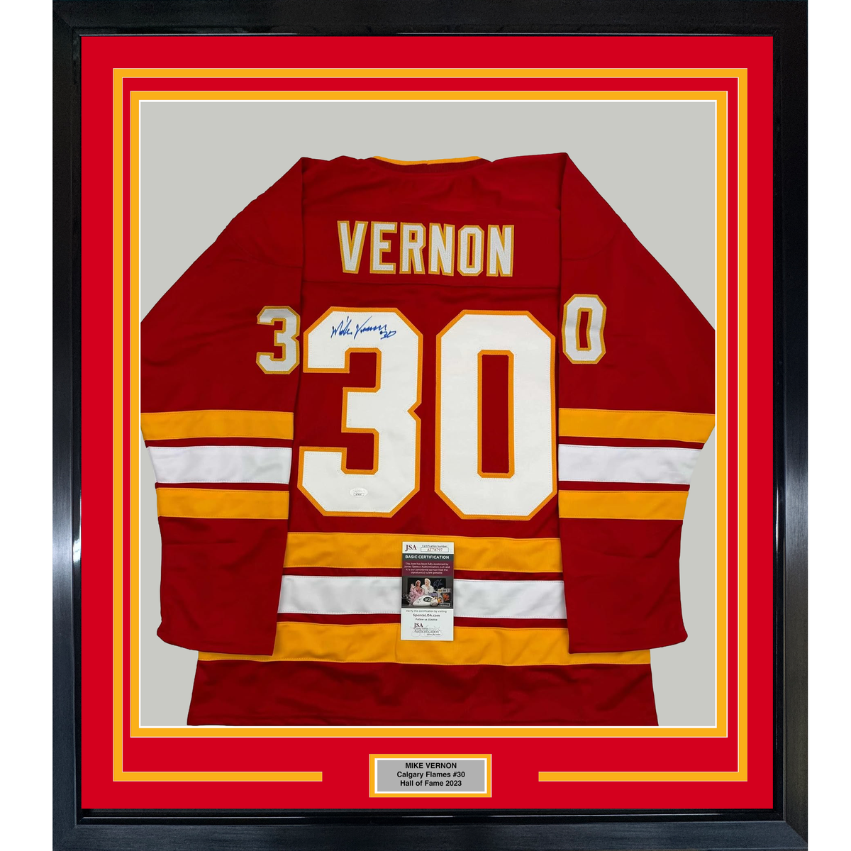 Framed Autographed/Signed Mike Vernon 35x39 Calgary Red Hockey Jersey JSA COA
