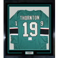 Framed Autographed/Signed Joe Thornton 35x39 San Jose Green Hockey Jersey Beckett BAS COA