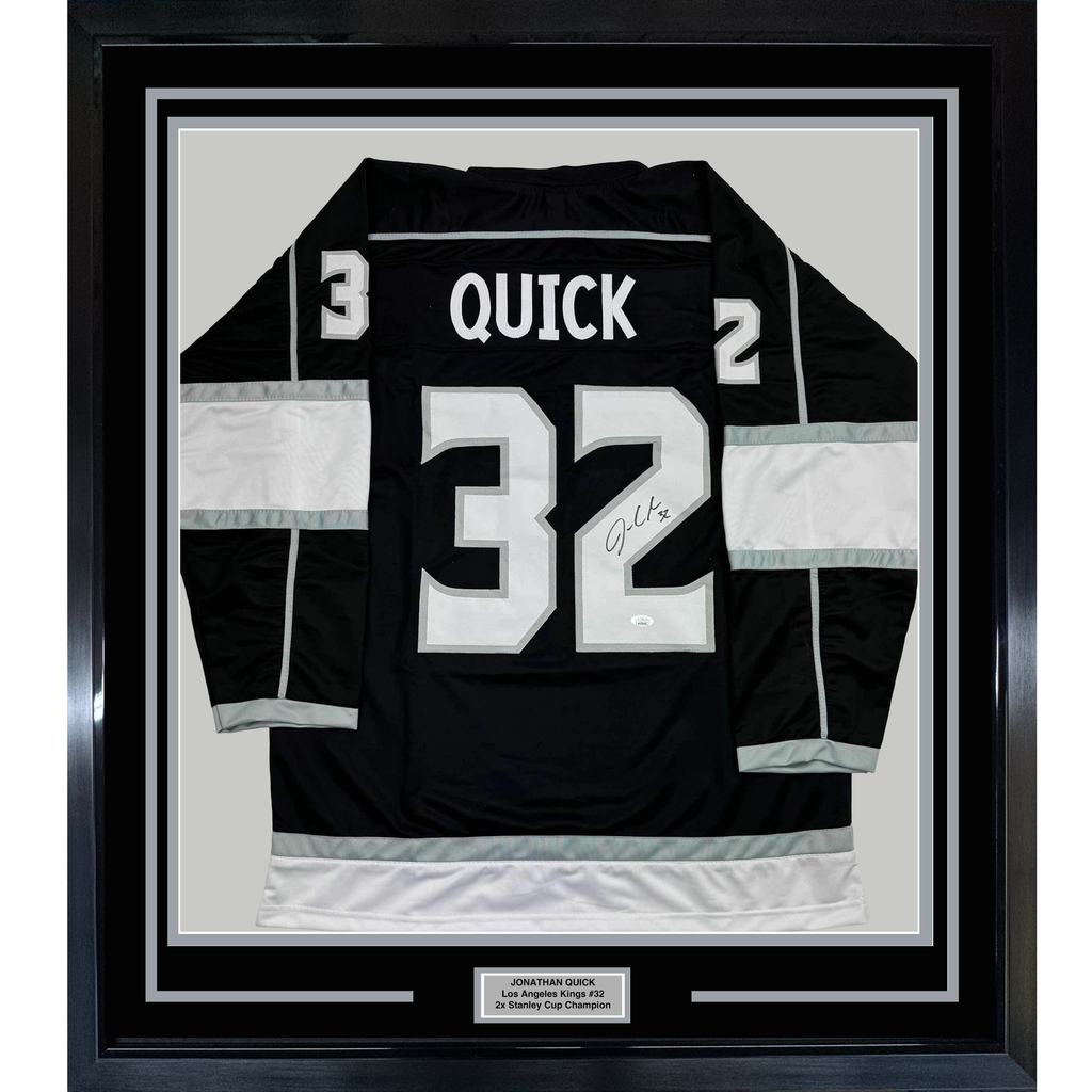 Framed Autographed/Signed Jonathan Quick 35x39 Los Angeles LA Black Hockey Jersey JSA COA