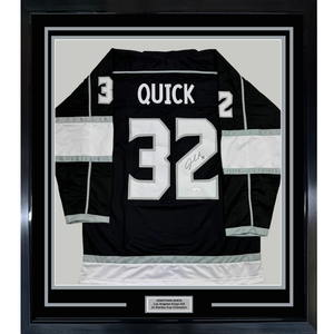 Framed Autographed/Signed Jonathan Quick 35x39 Los Angeles LA Black Hockey Jersey JSA COA