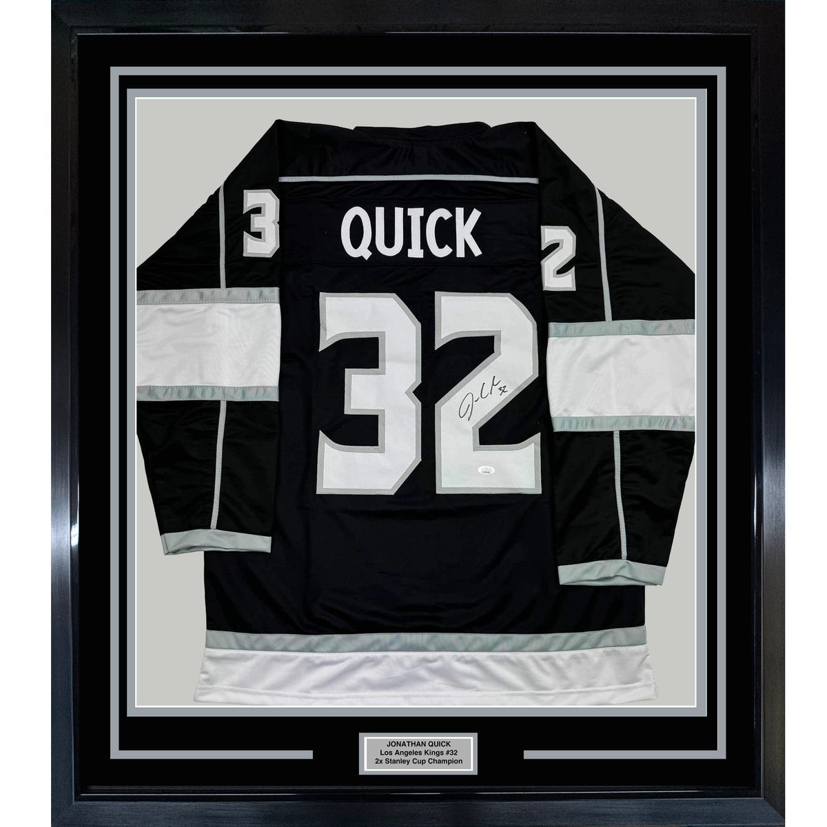 Framed Autographed/Signed Jonathan Quick 35x39 Los Angeles LA Black Hockey Jersey JSA COA
