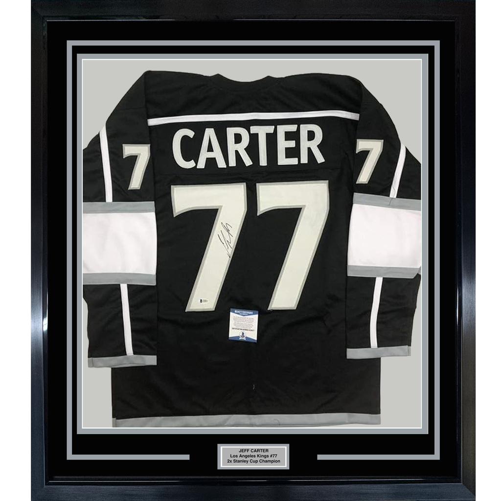 Framed Autographed/Signed Jeff Carter 35x39 Los Angeles LA Black Hockey Jersey Beckett BAS COA