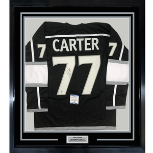 Framed Autographed/Signed Jeff Carter 35x39 Los Angeles LA Black Hockey Jersey Beckett BAS COA