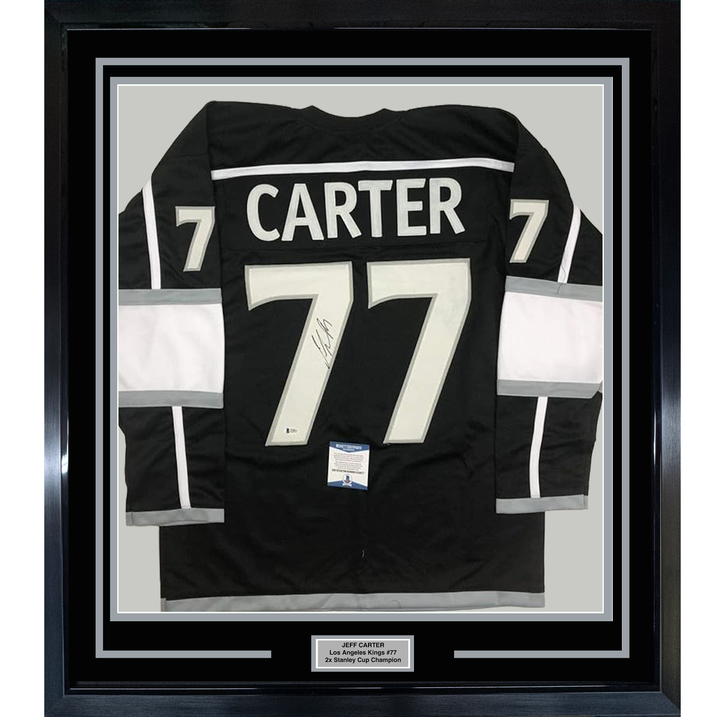 Framed Autographed/Signed Jeff Carter 35x39 Los Angeles LA Black Hockey Jersey Beckett BAS COA