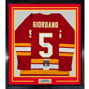 Framed Autographed/Signed Mark Giordano 35x39 Calgary Red Hockey Jersey JSA COA
