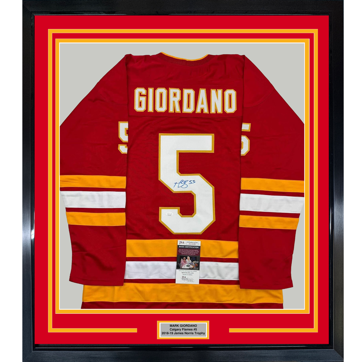 Framed Autographed/Signed Mark Giordano 35x39 Calgary Red Hockey Jersey JSA COA