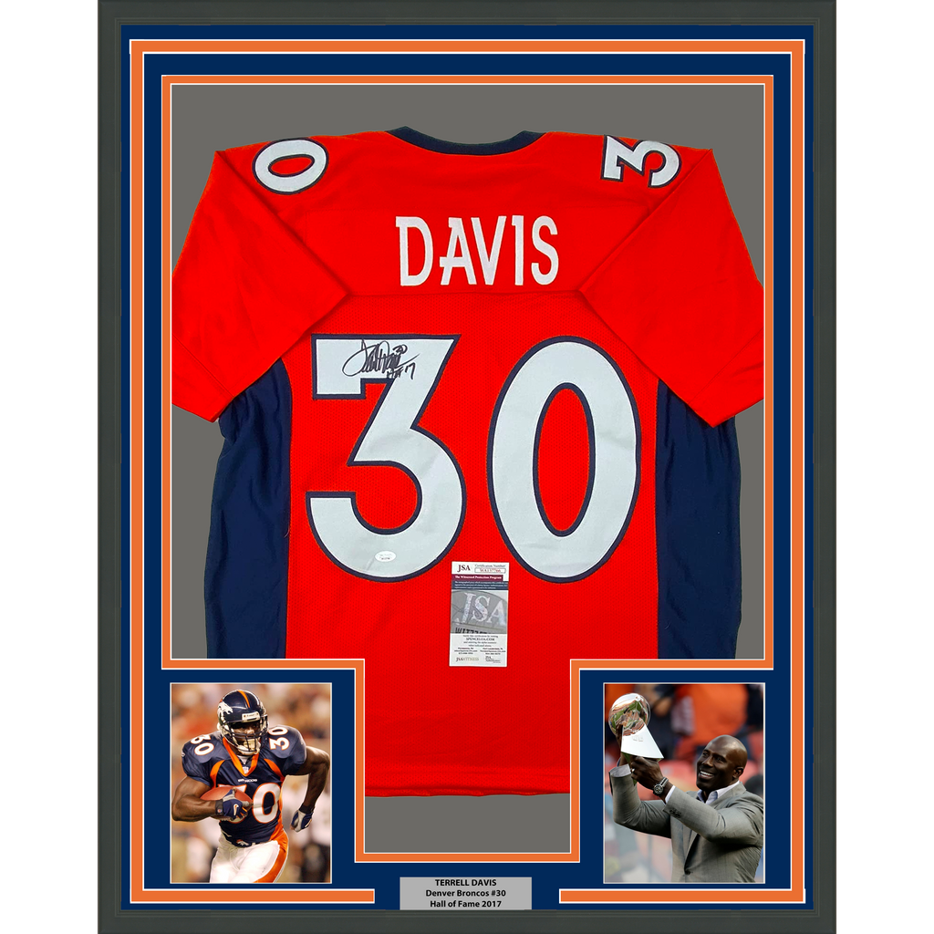 Framed Autographed/Signed Terrell Davis 35x39 HOF 17 Denver Orange Football Jersey JSA COA