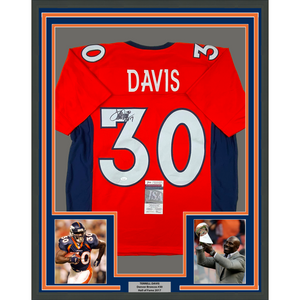 Framed Autographed/Signed Terrell Davis 35x39 HOF 17 Denver Orange Football Jersey JSA COA