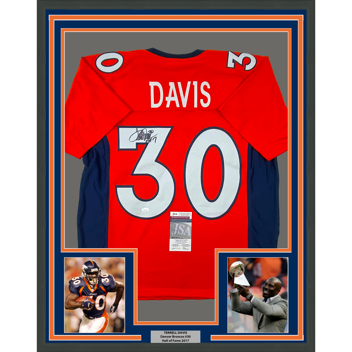 Framed Autographed/Signed Terrell Davis 35x39 HOF 17 Denver Orange Football Jersey JSA COA