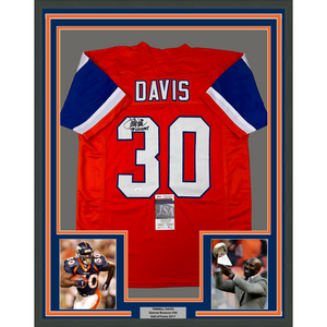 Framed Autographed/Signed Terrell Davis 35x39 SB XXXII MVP Denver Retro Orange Football Jersey JSA COA