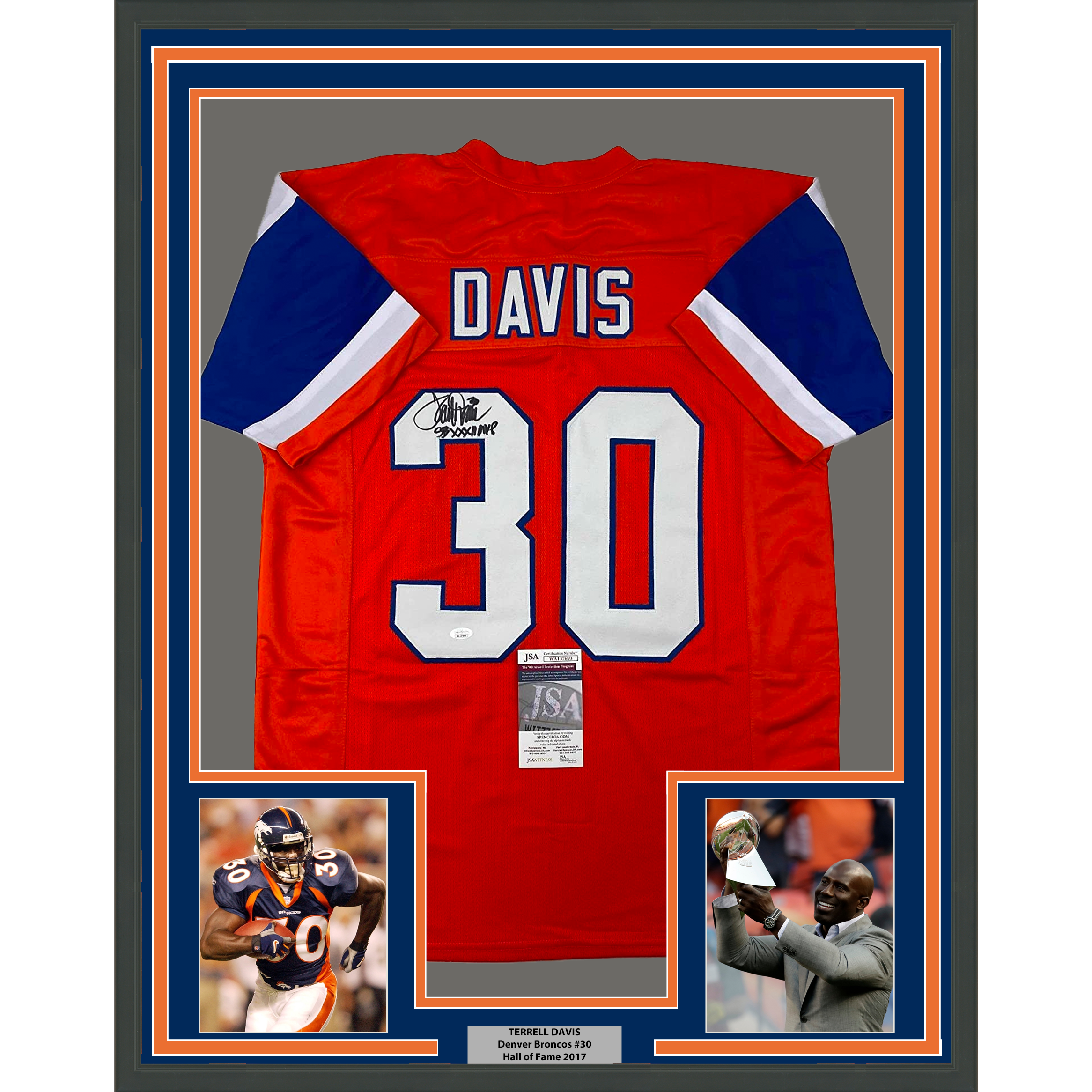 Framed Autographed/Signed Terrell Davis 35x39 SB XXXII MVP Denver Retro Orange Football Jersey JSA COA