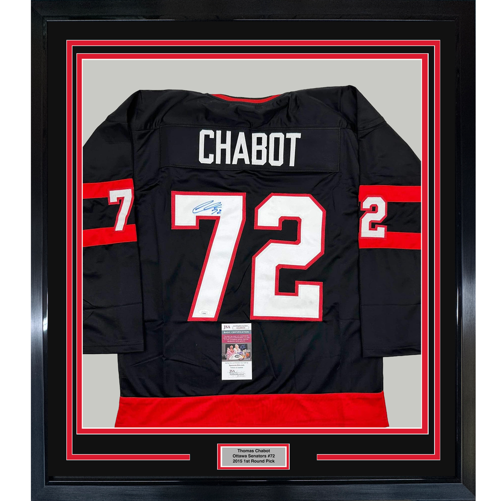 Framed Autographed/Signed Thomas Chabot 35x39 Ottawa Black Hockey Jersey JSA COA