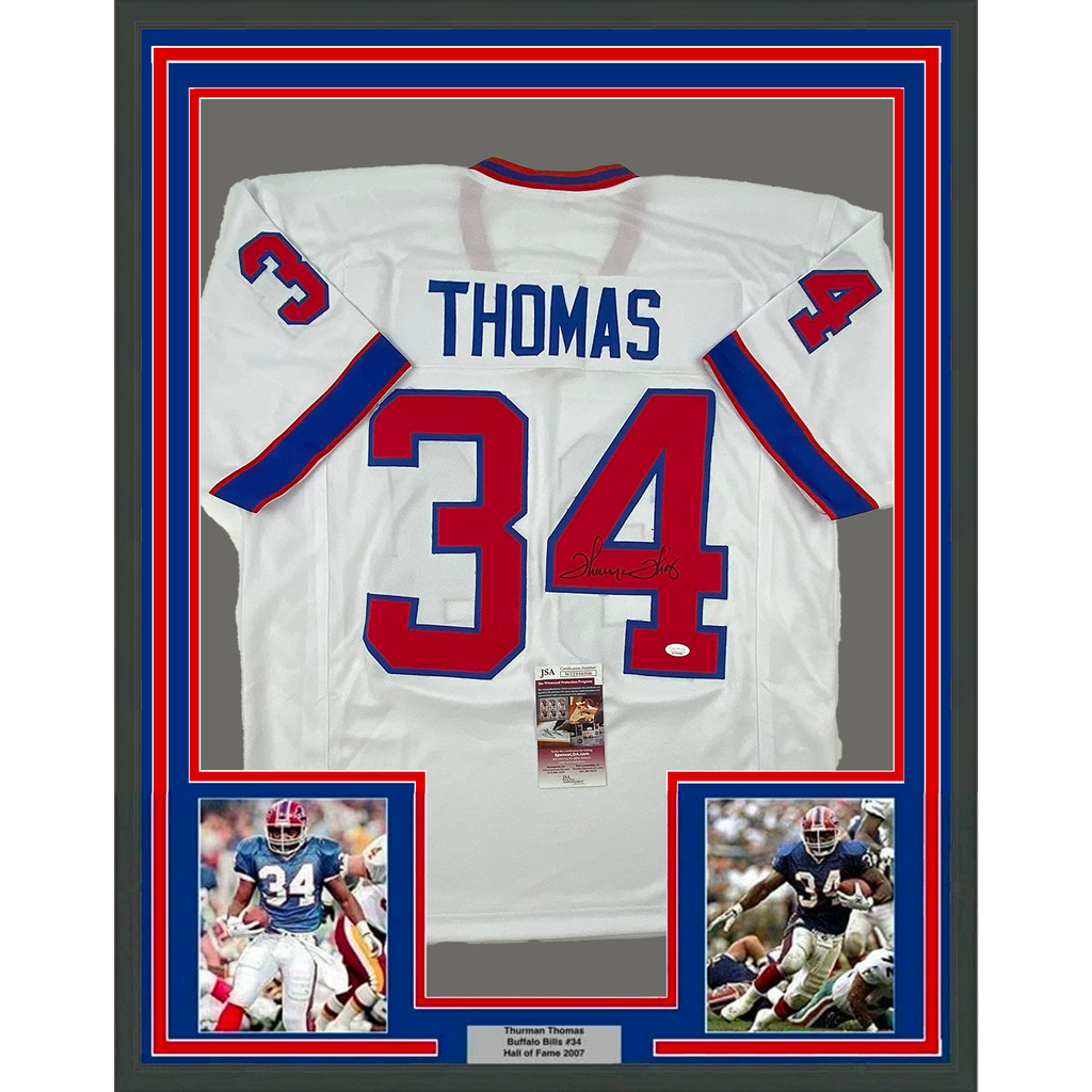 Framed Autographed/Signed Thurman Thomas 35x39 Buffalo White Alternate Football Jersey JSA COA