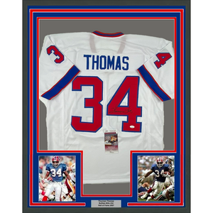 Framed Autographed/Signed Thurman Thomas 35x39 Buffalo White Alternate Football Jersey JSA COA