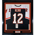 Framed Autographed/Signed Tim Kerr 35x39 Philadelphia Black Hockey Jersey JSA COA