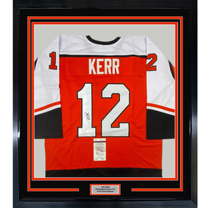 Framed Autographed/Signed Tim Kerr 35x39 Philadelphia Orange Hockey Jersey JSA COA