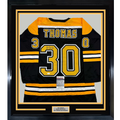 Framed Autographed/Signed Tim Thomas 35x39 Boston Black Hockey Jersey JSA COA