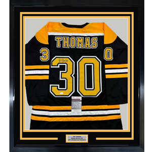 Framed Autographed/Signed Tim Thomas 35x39 Boston Black Hockey Jersey JSA COA