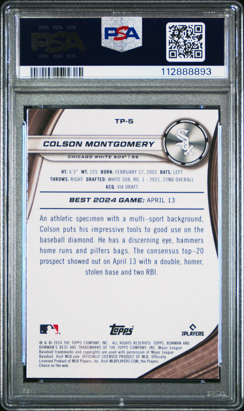 Graded 2024 Topps Bowmans Best Colson Montgomery #TP5 Top Prospects Green Mini Diamond /99 Rookie RC Baseball Card PSA 10 Gem Mint
