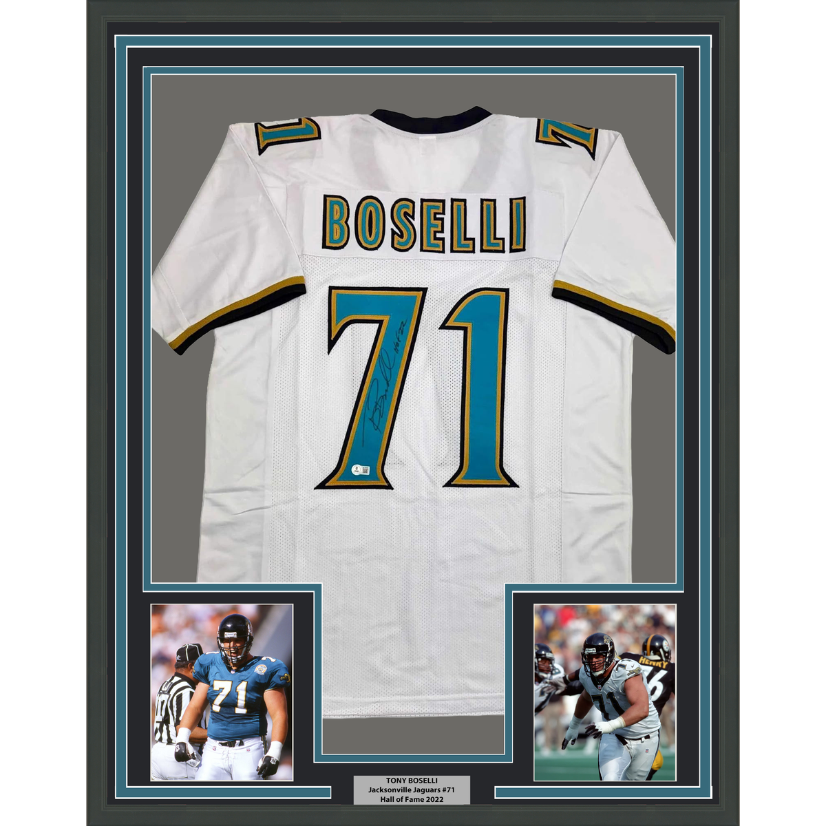 Framed Autographed/Signed Tony Boselli 35x39 HOF 22 Jacksonville White Football Jersey Beckett BAS COA