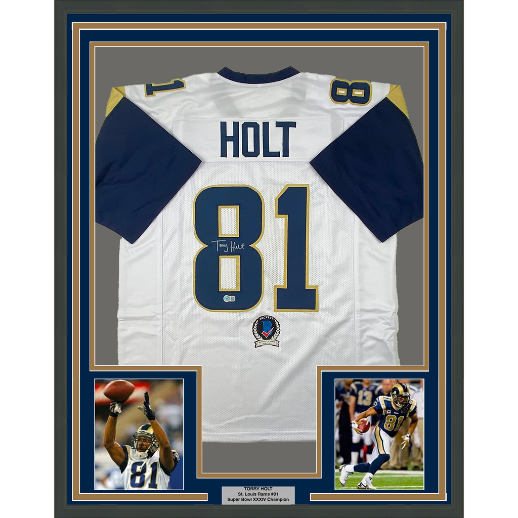 Framed Autographed/Signed Torry Holt 35x39 St. Louis White Football Jersey Beckett BAS COA