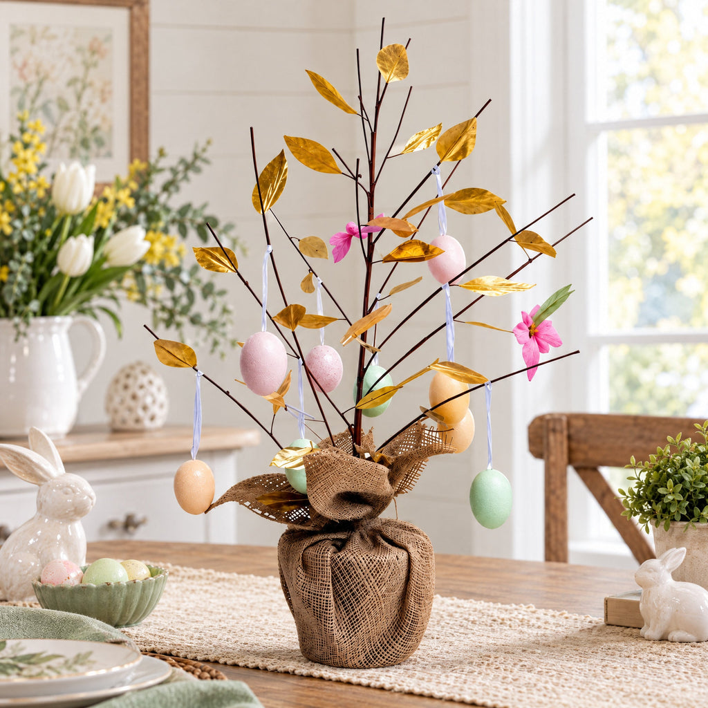 Easter Egg Branch Tree Centerpiece Tabletop Decoration with Butterflies 24 Inches Tall