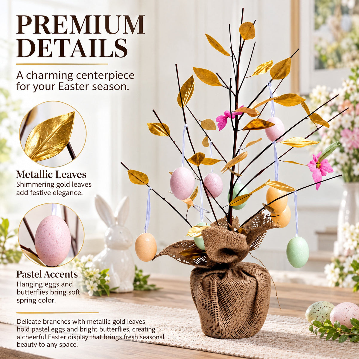 Easter Egg Branch Tree Centerpiece Tabletop Decoration with Butterflies 24 Inches Tall