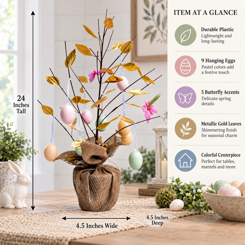 Easter Egg Branch Tree Centerpiece Tabletop Decoration with Butterflies 24 Inches Tall