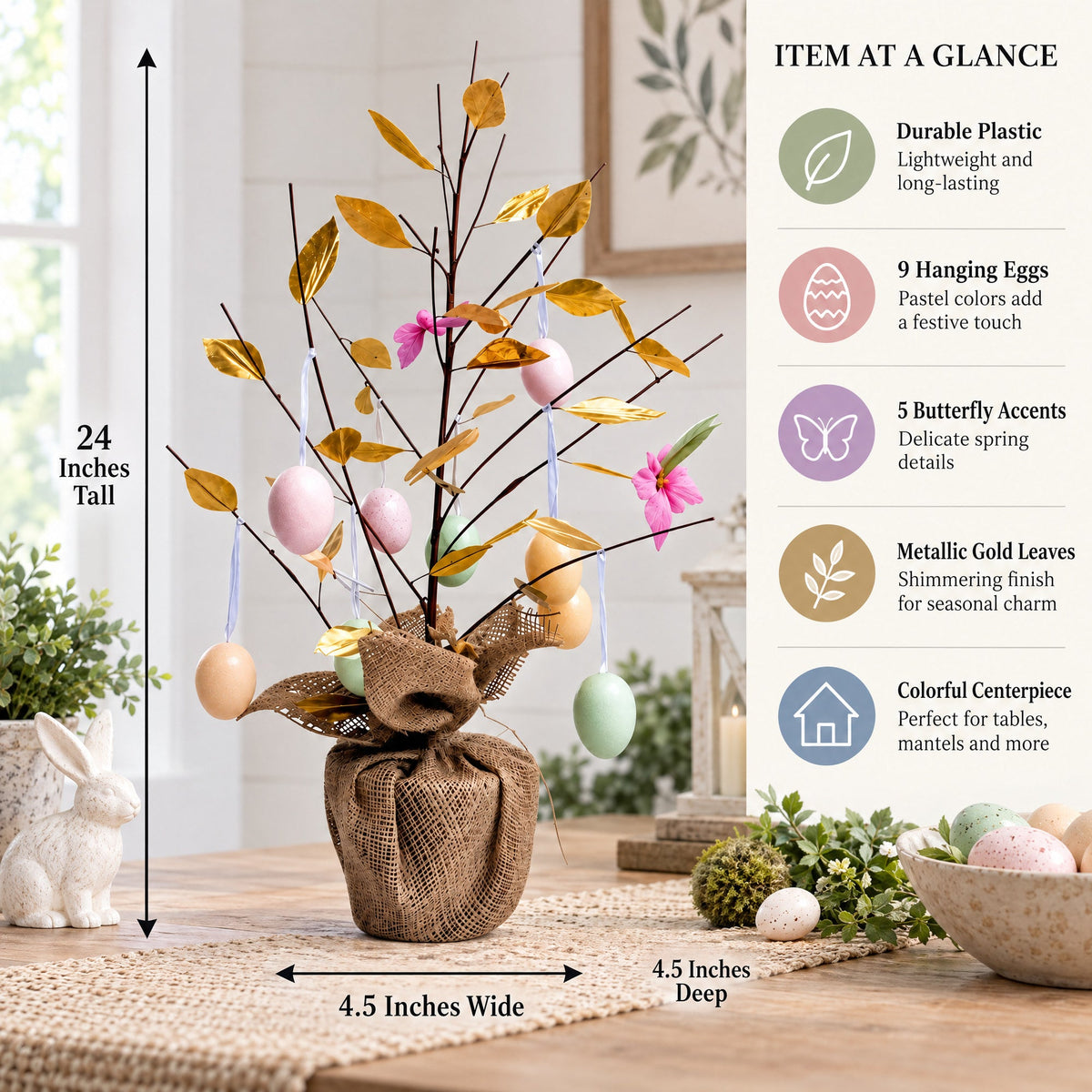 Easter Egg Branch Tree Centerpiece Tabletop Decoration with Butterflies 24 Inches Tall