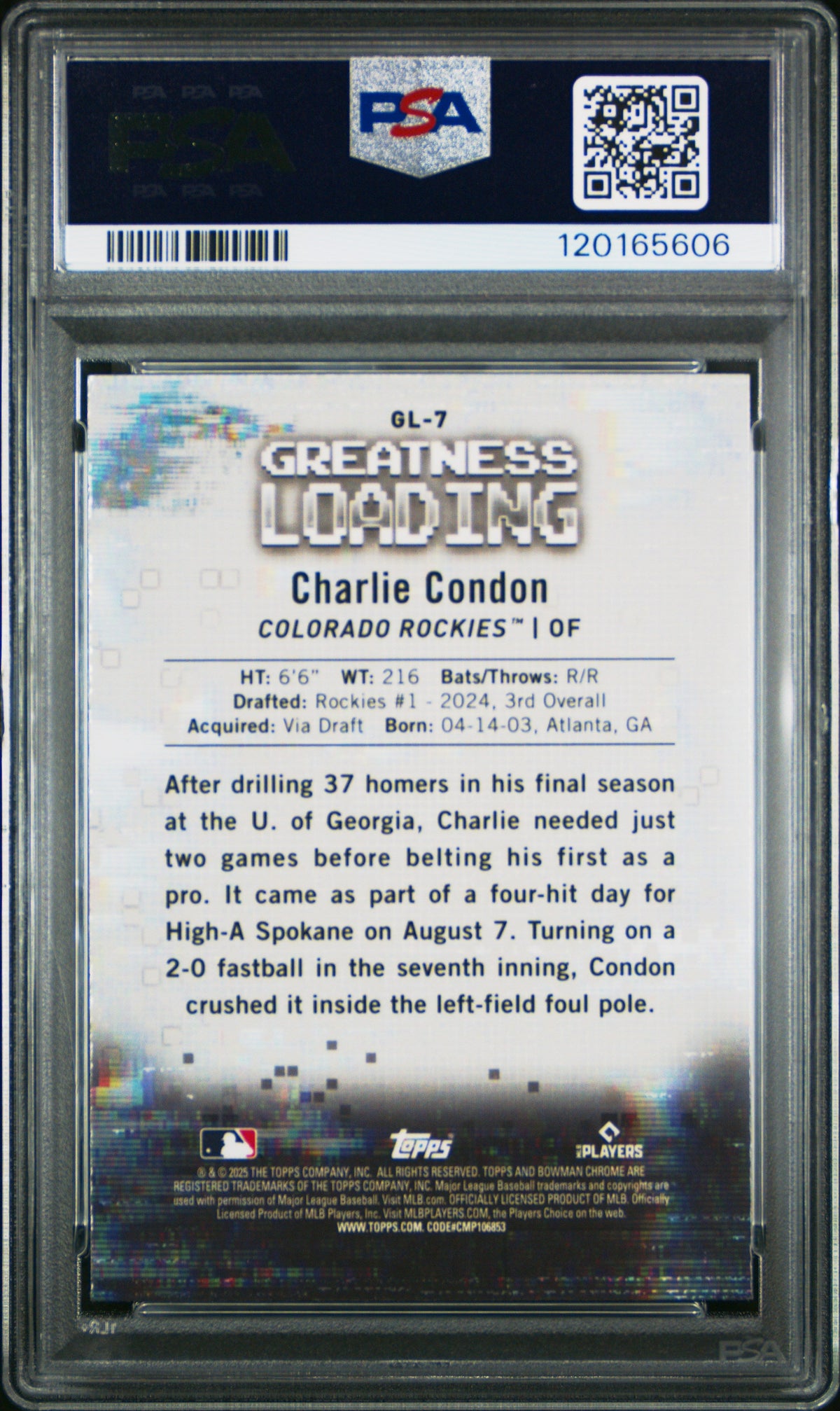 Graded 2025 Topps Bowman Charlie Condon #GL7 Greatness Loading Rookie RC Baseball Card PSA 10 Gem Mint