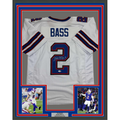 Framed Autographed/Signed Tyler Bass 35x39 Buffalo White Football Jersey JSA COA