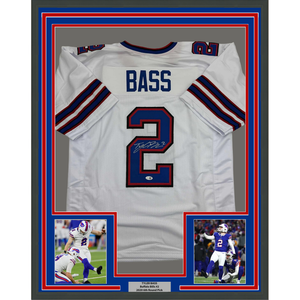 Framed Autographed/Signed Tyler Bass 35x39 Buffalo White Football Jersey JSA COA