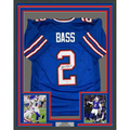 Framed Autographed/Signed Tyler Bass 35x39 Buffalo Blue Football Jersey JSA COA